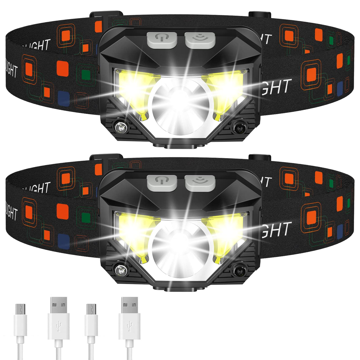 LHKNL Rechargeable LED Headlamps – 2-Pack Waterproof with White & Red Light, Motion Sensor & 8 Modes