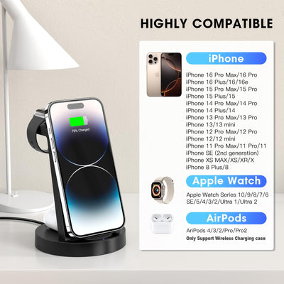 3-in-1 Wireless Charging Station – For iPhone, Apple Watch & AirPods (Compatible with iPhone 16–11 Series, Pro Max & AirPods Pro)