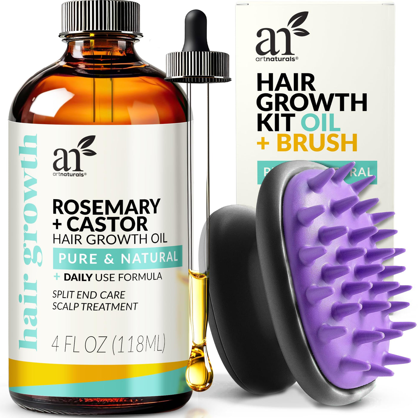 ArtNaturals Rosemary & Castor Hair Growth Oil + Scalp Massager – Hydrating Treatment for Dry, Itchy Scalp (4 oz)